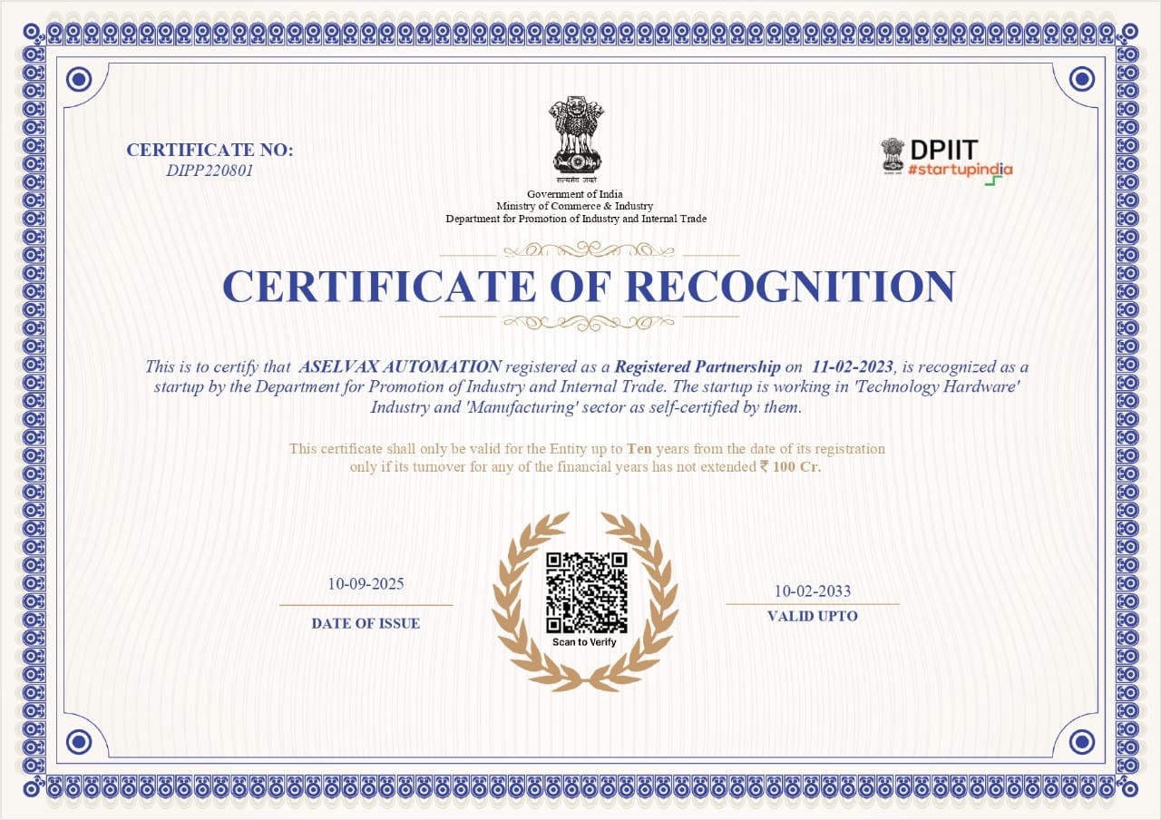 DPIIT Startup India Certificate of Recognition — ASelvax Automation
